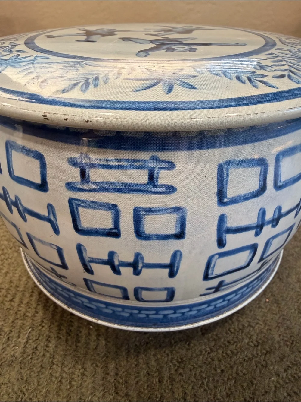Vintage Blue and White Fricke & Nacke Chinoiserie Tin with Lid and Handle